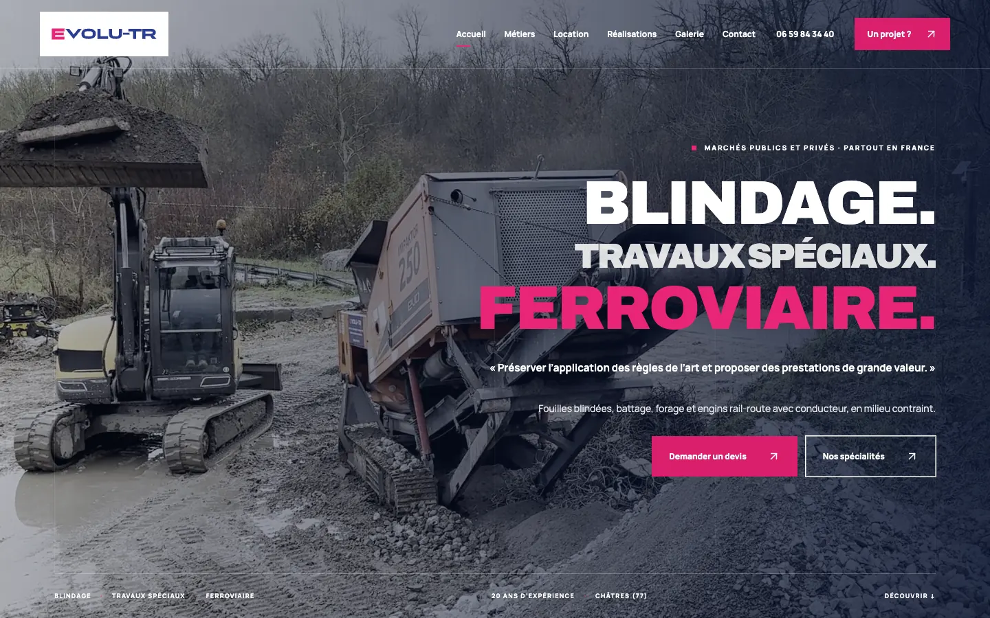 Page d’accueil du site EVOLU-TR sur ordinateur : « Blindage. Travaux spéciaux. Ferroviaire. » sur une photo de chantier