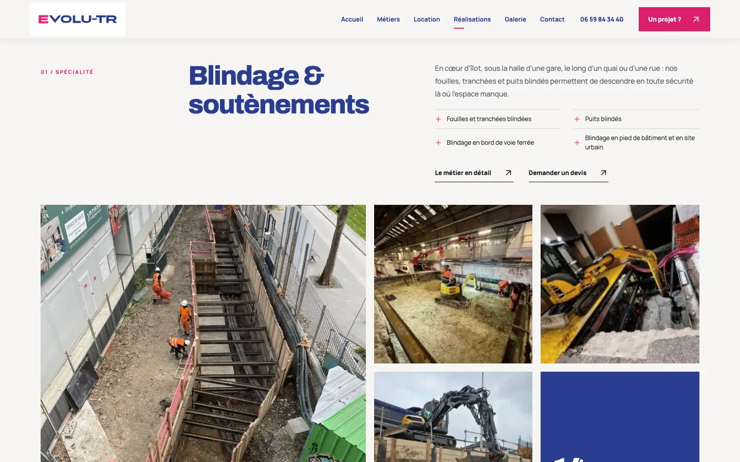 Page Réalisations du site EVOLU-TR : blindage et soutènements, avec une mosaïque de photos de chantiers