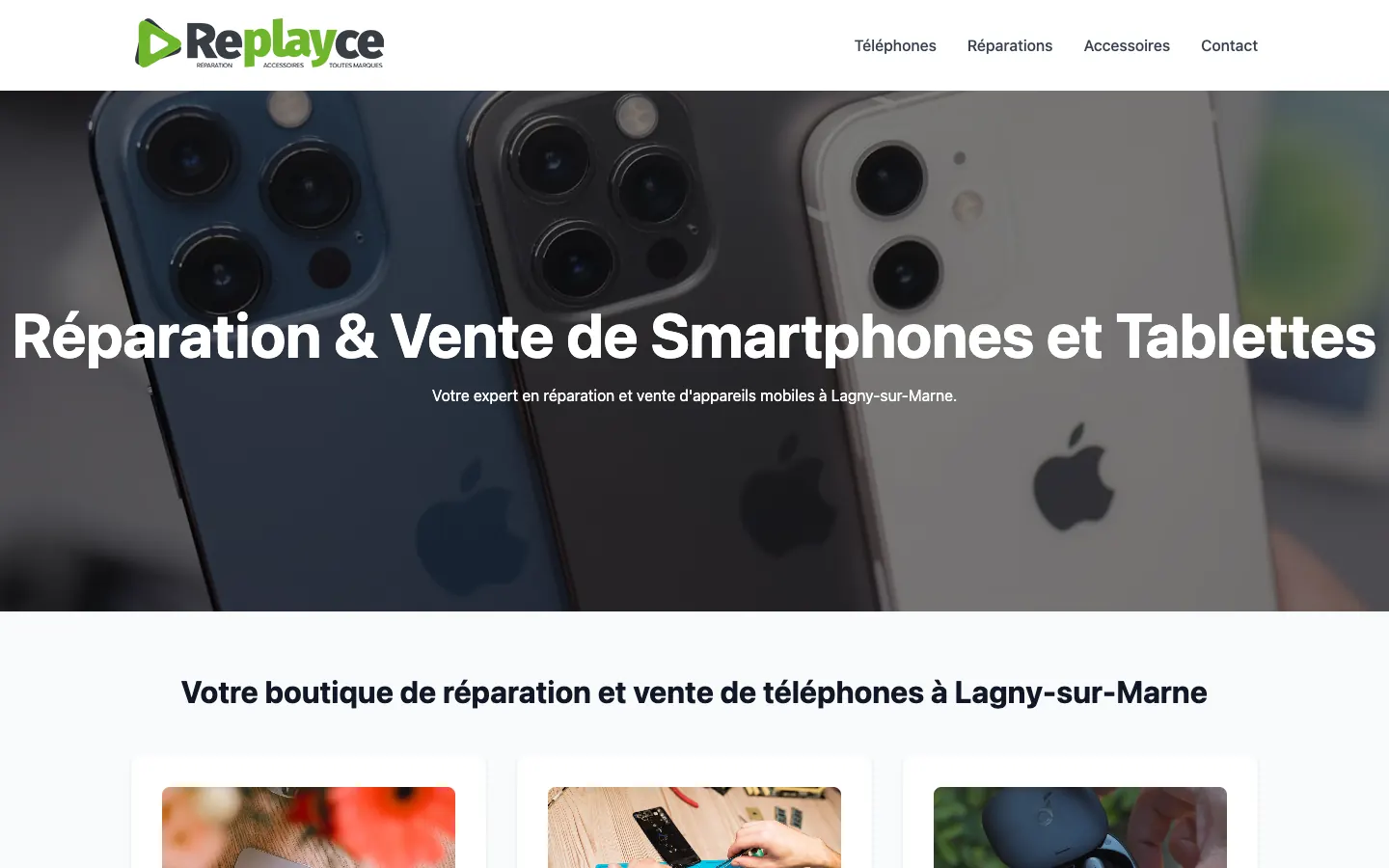 Page d’accueil du site Replayce sur ordinateur : réparation et vente de smartphones et tablettes