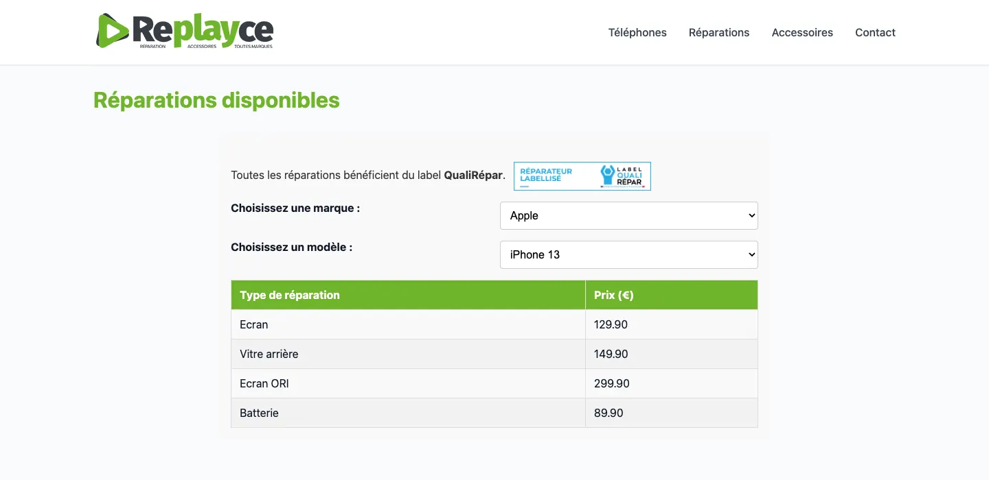 Page Réparations du site Replayce : tarifs des réparations pour un iPhone 13