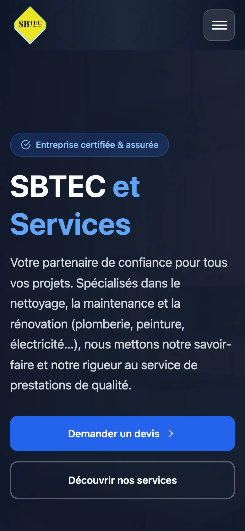 Page d’accueil du site SB Tec et Services sur mobile