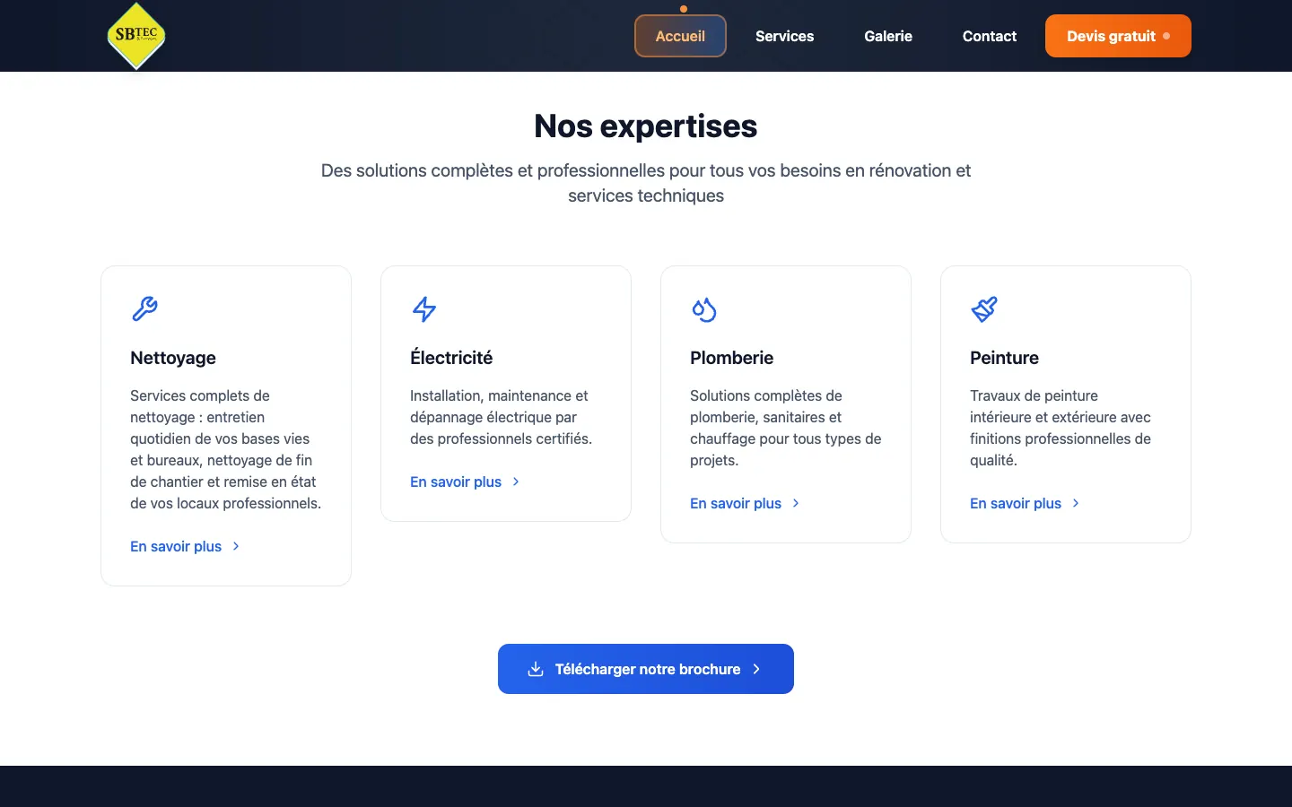Section « Nos expertises » du site SB Tec et Services : nettoyage, électricité, plomberie, peinture